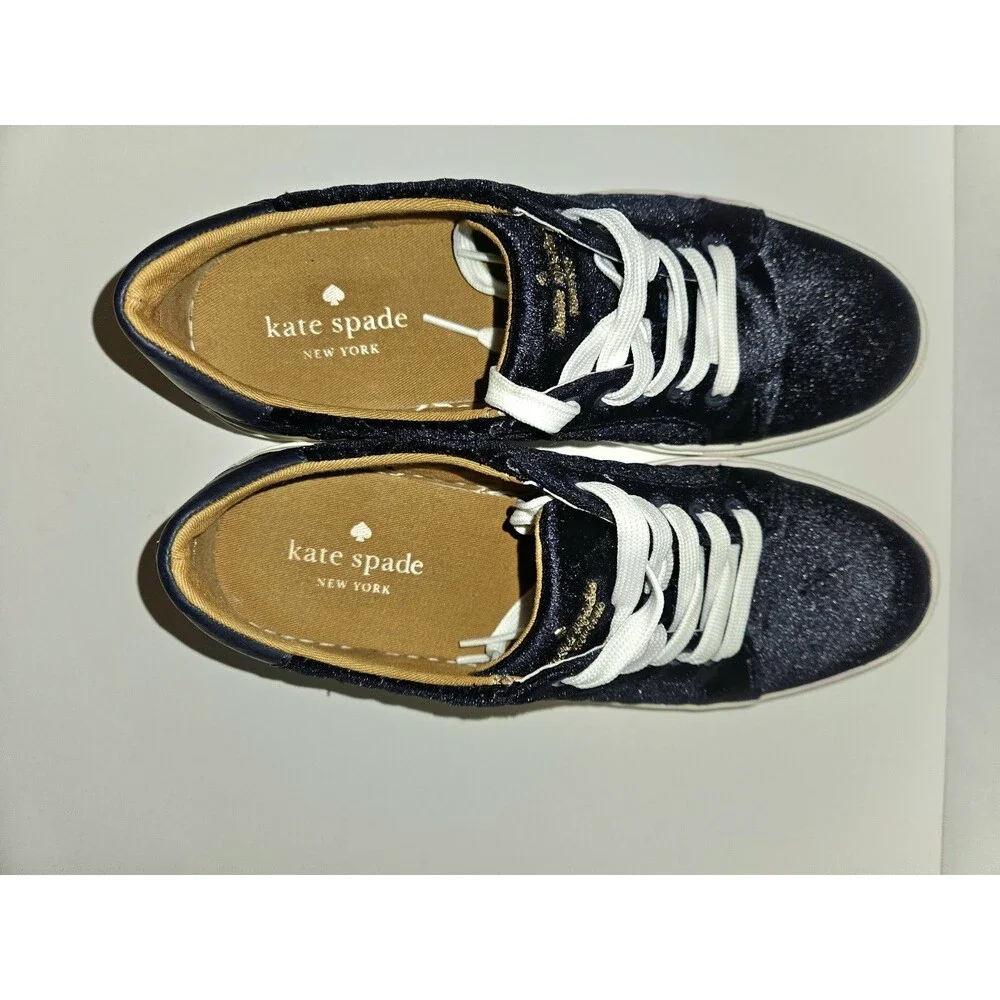 Woman’s Shoe Kate Spade Navy Blue Velvet Size 7.5 Style Fleet,Gold Embellishment